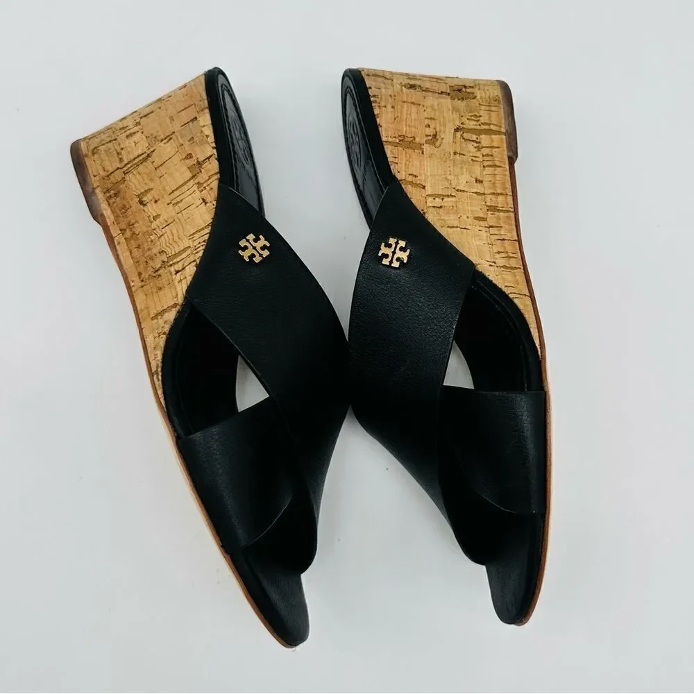 Tory Burch Crossover Sandal Wedge Slide Calf Leather Cork Heel Comfy Black